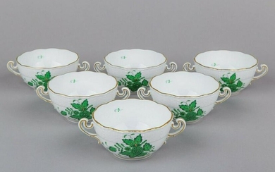 Set of Six Herend Chinese Bouquet Green Cream Soup