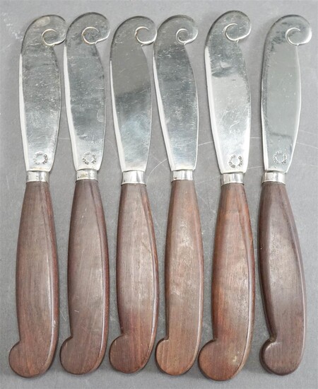 Set of Six Taxco Mexican Sterling Silver Blade and Wood Handled Butter Knives, 4.7 gross oz
