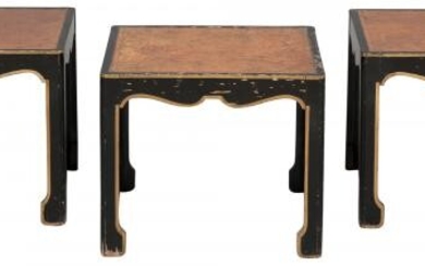Set of Three Asian Style Black and Gilt-Painted Faux-Leather Inset Side Tables Baker Furniture, 20th century Height...