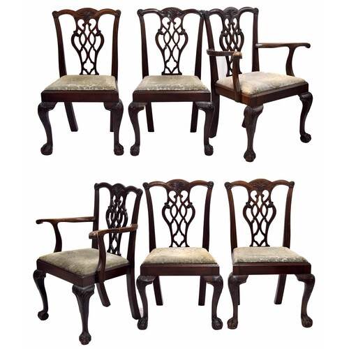 Set of six Chippendale style mahogany dining chairs, the int...