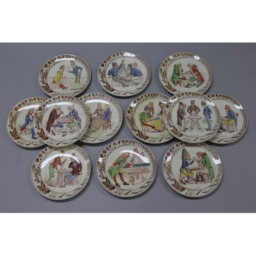 Set of twelve antique French Sarreguemines porcelain plates,...