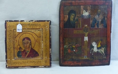 Set of two icons painted on wood representing a "Virgin and Child" and a "Christ on the Cross surrounded by the "Virgin and Child", "Saint Nicholas", "Saint George" and "Saint Michael". Russian work. Period: 19th century. (*). Size: 26,5x25,5cm and...