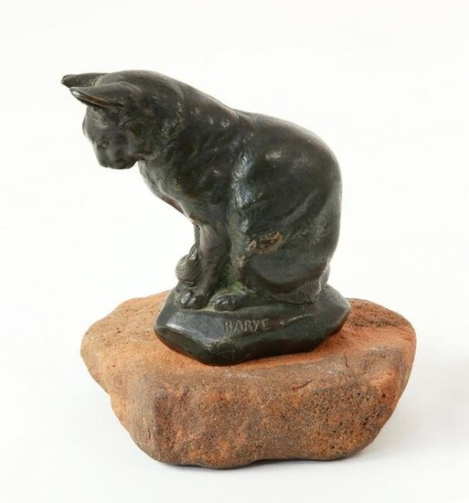 Signed Barye Patina Bronze Figure of a Seated Cat, 19th Century