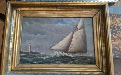 Signed Sailboat by Lighthouse Small Oil Painting