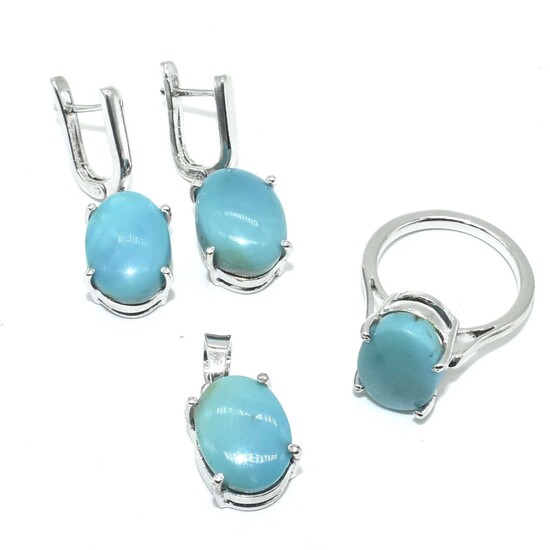 Silver Turquoise Earring Ring Pendant Set
