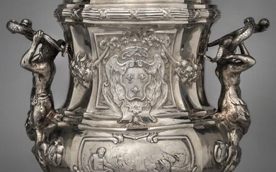 Silver refreshment bucket, decorated with marine scenes, adorned with coats of arms of France, the handles in mermaid and newt holding dolphins.