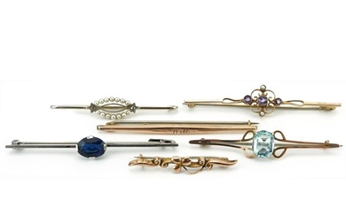 Six antique and later bar brooches, some 9ct gold, including...