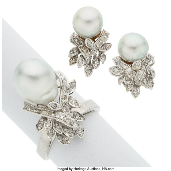 South Sea Cultured Pearl, Diamond, White Gold Jewelry Suite...
