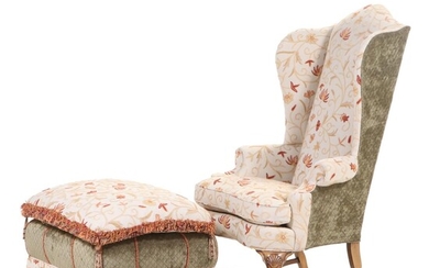 Stanford Furniture Queen Anne Style Crewel-Stitched Wingback Chair and Ottoman
