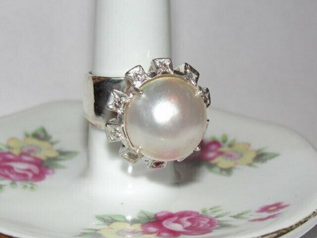 Sterling Silver Mabe Pearl and Diamond Cocktail Ring