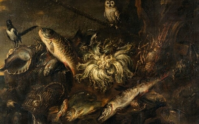 Still life with fish, lobster, magpies, a cat and an owl in a landscape