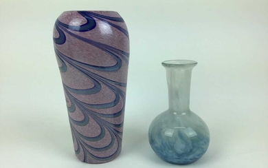 Stylish Art glass vase with blue swirls on pink ground, 21cm high and one other art glass vase