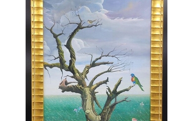 Surrealist Oil On Board Landscape Painting Signed