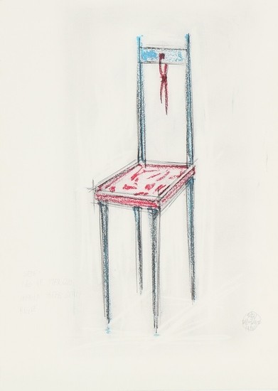 Sven Dalsgaard: Sketch fora chair sculpture. Signed Sven Dalsgaard 1985. Mixed media on paper. Sheet size 58×44 cm.