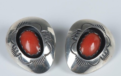 T. Goodluck Navajo Sterling & Coral Shadow Box Clip Earrings