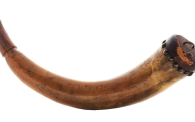 TACK DECORATED POWDER HORN WITH HUNTING AND FISHING