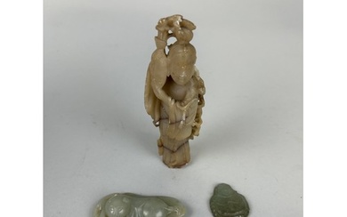 THREE CHINESE JADES TO INCLUDE A CAT PENDANT AND FIGURE OF G...