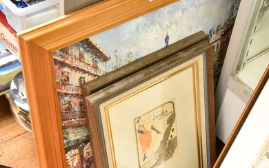THREE FRAMED WORKS: ORIGINAL OIL OF PARIS AND TWO TOULOUSE-LAUTREC PRINTS