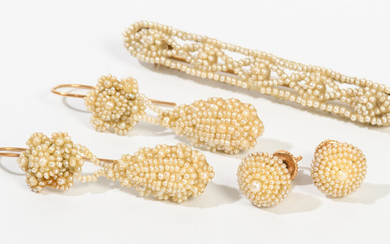 THREE ITEMS VICTORIAN YELLOW GOLD AND SEED PEARL JEWELRY. Including...
