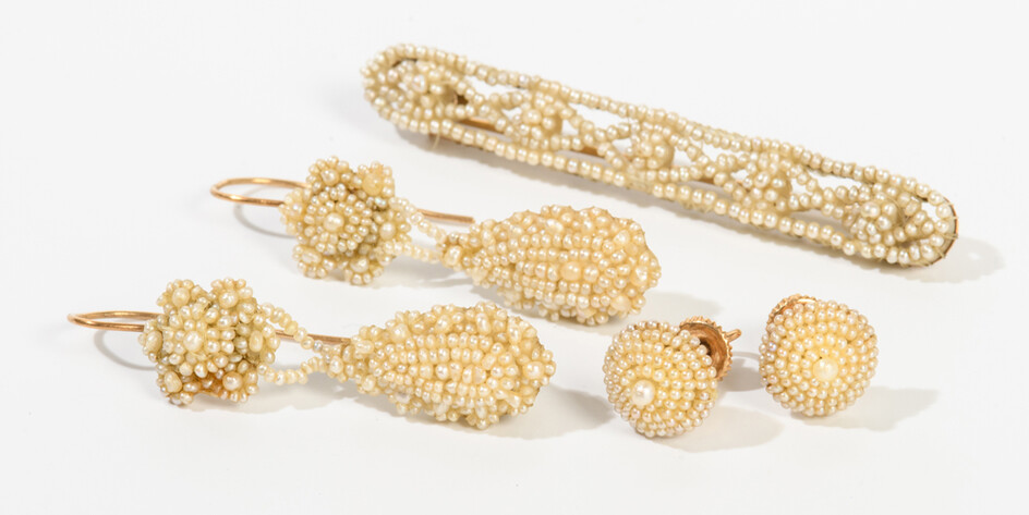 THREE ITEMS VICTORIAN YELLOW GOLD AND SEED PEARL JEWELRY. Including...