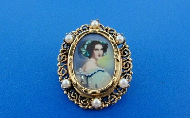 TIMELESS 14k Yellow Gold, Pearl & Hand Painted Cameo