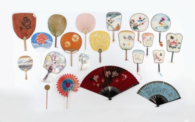 TWENTY-ONE ASIAN FANS Includes two Japanese black lacquer and paper folding fans, lengths 14.75" and 11" and eight colorful Chinese...