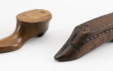 TWO ENGLISH WOODEN BOOT-FORM SNUFF BOXES 19th Century