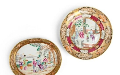 TWO GILT-DECORATED CANTON FAMILLE ROSE PLATES QING