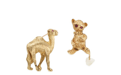 TWO GOLD AND RUBY ANIMAL BROOCHES