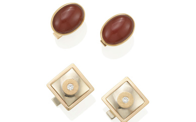 TWO SETS OF GOLD, BI-COLOR GOLD, CARNELIAN AND DIAMOND CUFFLINKS...