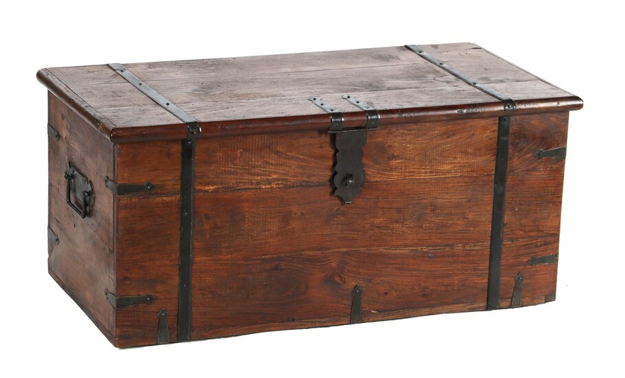 (-), Teak box with iron fittings, 44 cm...