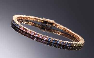 Tennis bracelet in red gold with multicolored sapphires, 7.66 ct.