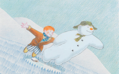 The Snowman: an original animation cel of the Snowman and James Flying