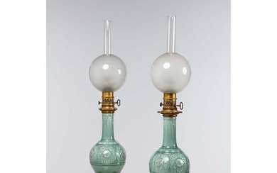 Theodore DECK (1823-1891) Pair of long-necked vases forming kerosene lamps in celadon enamelled