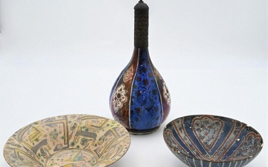 Three Persian Polychrome Decorated Pottery Items, to