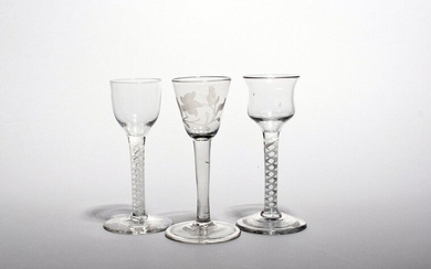 Three small wine glasses c.1760, one with a rounded funnel...