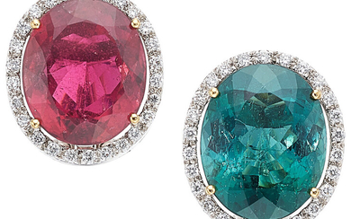 Tourmaline, Diamond, White Gold Earrings Stones: Oval-shaped pink tourmaline...