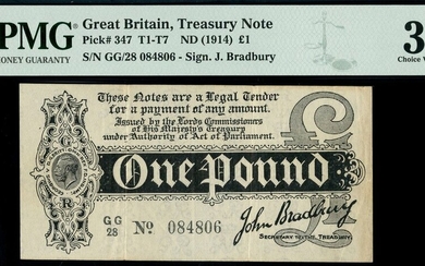 Treasury Series, John Bradbury, first issue £1, ND (7 August 1914), serial number GG/28 084806,...