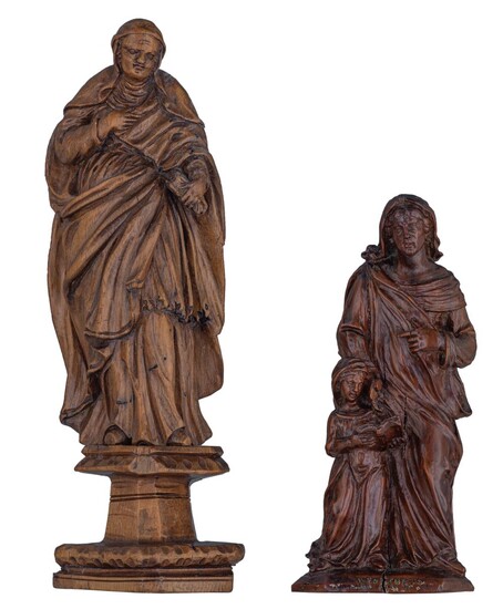 Two 17thC wooden sculptures, possibly Southern Netherlands, one a matching base, H - 21,6cm (without base) - 29,5 cm (with base)