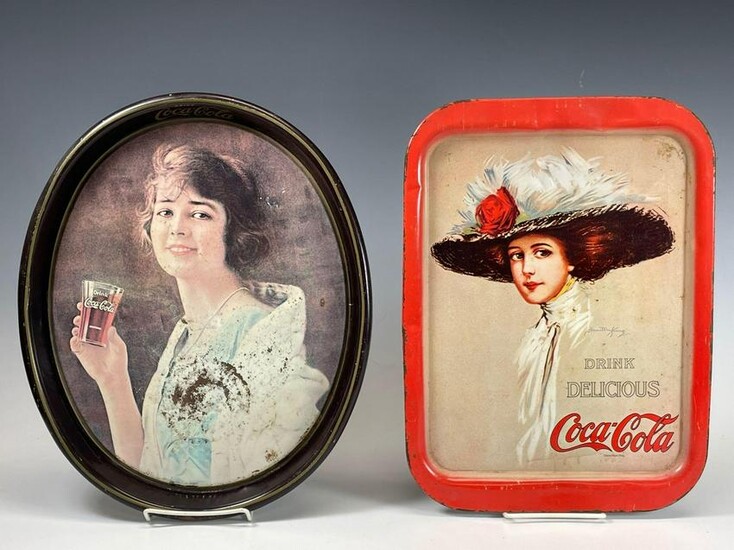 Two (2) Antique Coca Cola Advertising Tin Litho Serving