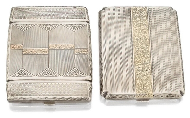 Two 20th century Czechoslovakian cigarette cases, one 1921-1928, 900 standard, with foliate scroll chased yellow metal insert to striated lid, 7.9 x 10.5cm, the other 1929-1940, 900 standard, of shaped rectangular form with yellow metal inserts, 8...