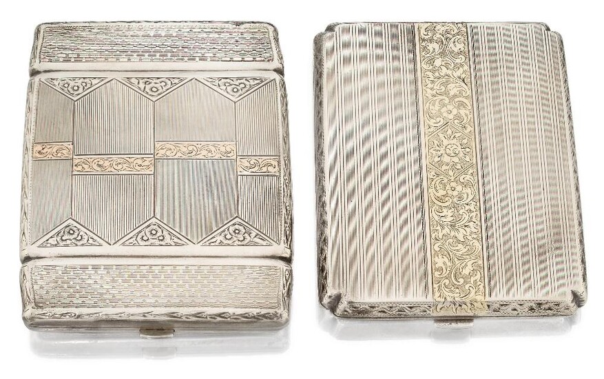 Two 20th century Czechoslovakian cigarette cases, one 1921-1928, 900 standard, with foliate scroll chased yellow metal insert to striated lid, 7.9 x 10.5cm, the other 1929-1940, 900 standard, of shaped rectangular form with yellow metal inserts, 8...