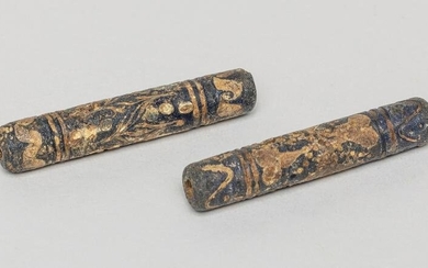 Two Antique Roman Type Dragon-fly Eye Long Beads