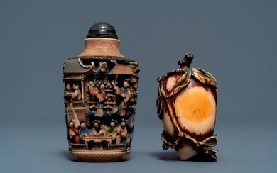 Two Chinese polychrome ivory snuff bottles, 19th C....