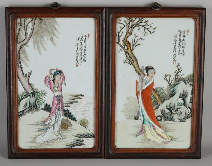 Two Chinese porcelain Family Rose plaques with geisha /