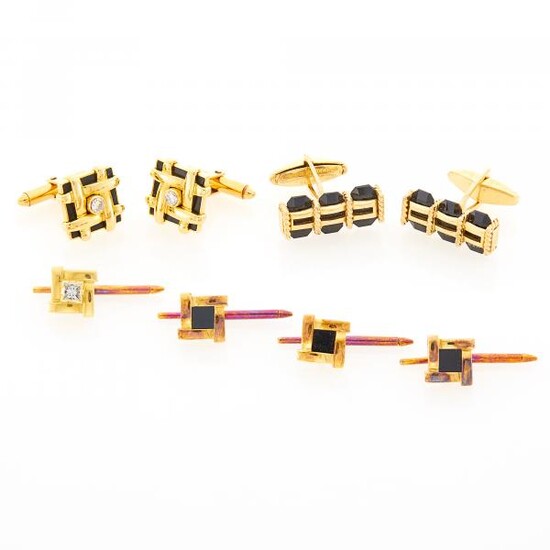Two Pairs of Gold, Black Onyx, Black Enamel and Diamond Cufflinks and Four Studs