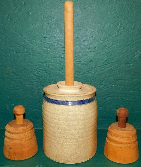 Two Wood Butter Molds & Stone Ware Butter Churn