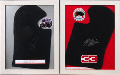 Two framed balaclavas, each signed by an F1 World Champion...