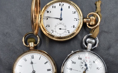 Two gold plated pocket watches comprising a full hunter having a white dial with Arabic numerals and