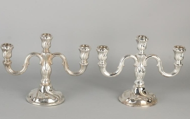 Two silver table candlesticks 835/000, 3 light on a